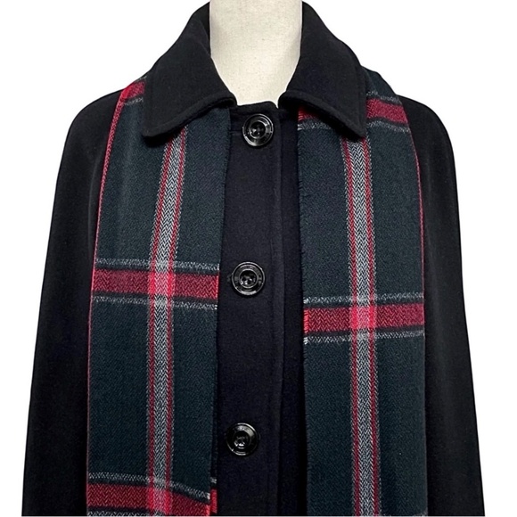 London Fog Single Breasted Black Wool Blend Peacoat Plaid Fringe Scarf Size S - Picture 2 of 12